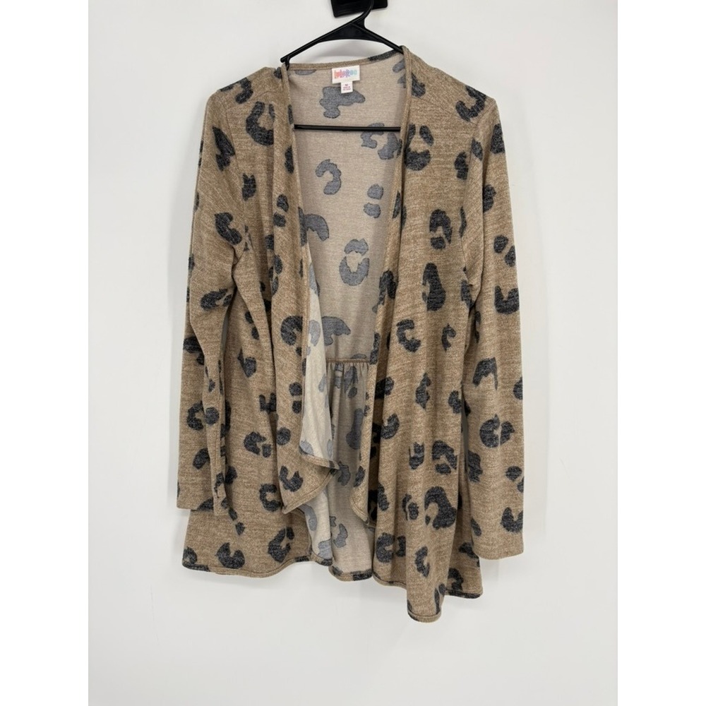 LuLaRoe Cardigan Women Medium Tan Leopard Print Peplum Back Open Front Knit